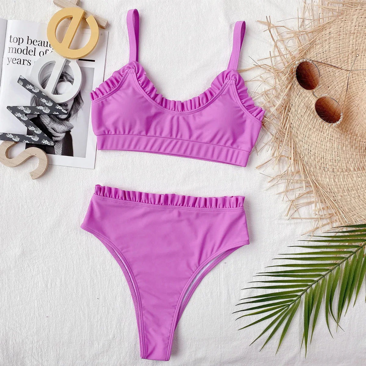 Bikini 2025 Sexy Swimwear Swimsuit Women Solid Ruffled High Waist Bikinis Set Bathing Suit Bikini Taille Haute Biquinis Feminino