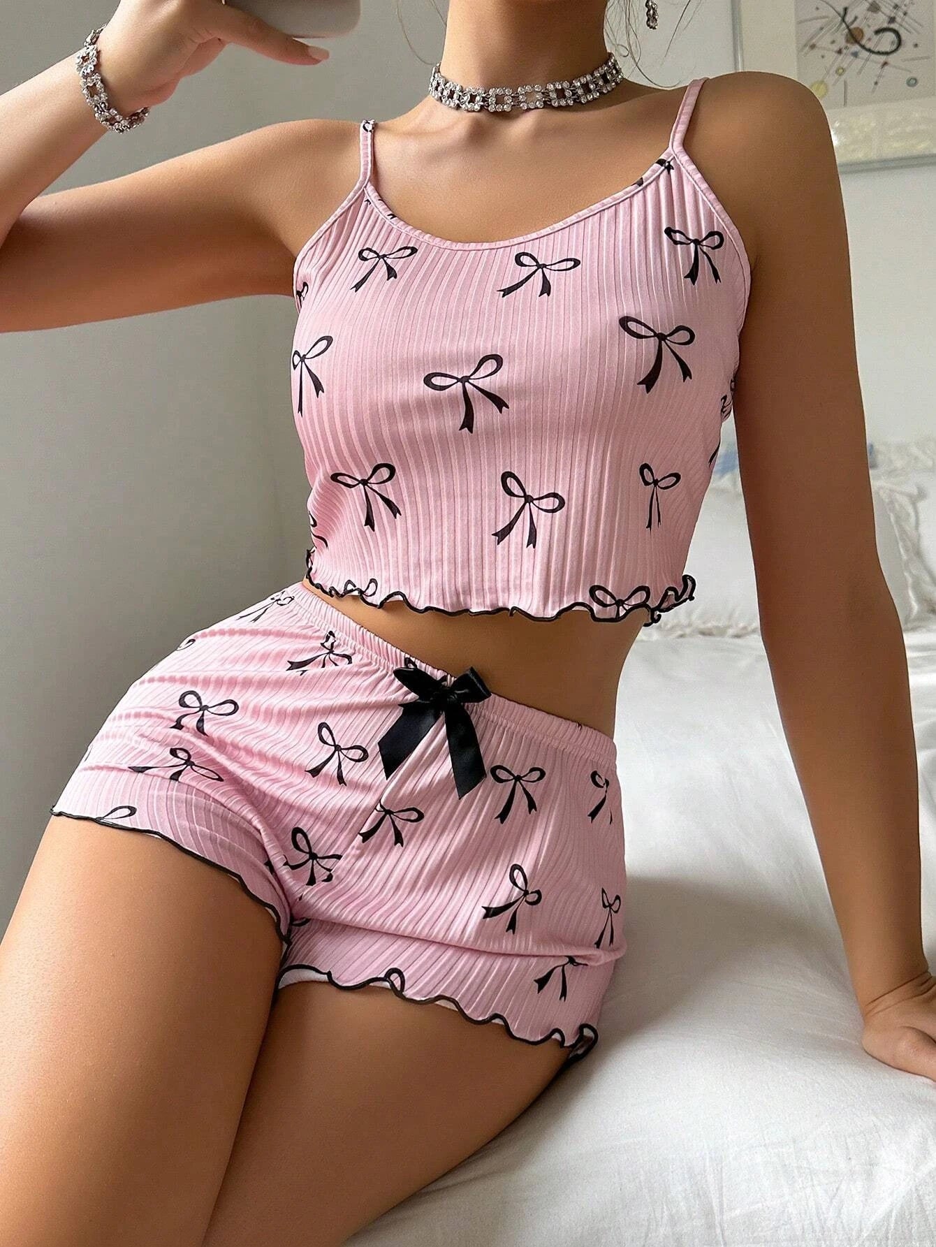 Pink Sleepwear Women's Summer Pajama Set Cute Bowknot Print Sexy Ribbed Bow Decor Round Neck Backless Crop Cami Top & Shorts