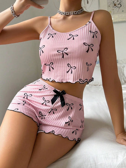 Pink Sleepwear Women's Summer Pajama Set Cute Bowknot Print Sexy Ribbed Bow Decor Round Neck Backless Crop Cami Top & Shorts