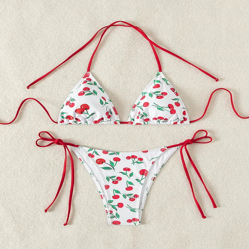 Women's Cherry Print Two Piece Swimsuit Sexy Triangle Bra Mini Bikini Set Suspender Halter Backless Beach Vacation Swimwear 2025