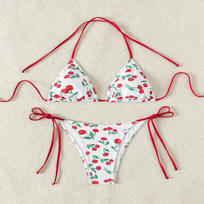 Women's Cherry Print Two Piece Swimsuit Sexy Triangle Bra Mini Bikini Set Suspender Halter Backless Beach Vacation Swimwear 2025