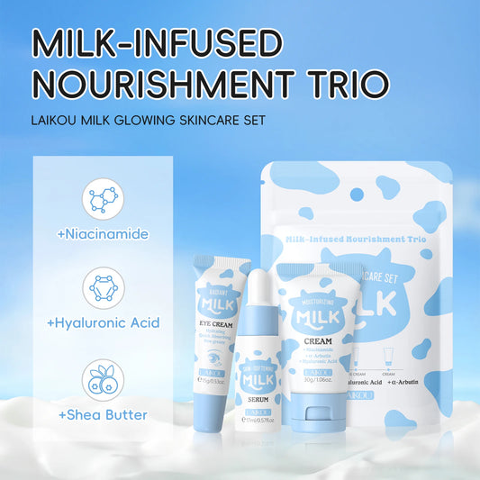LAIKOU Milk Glowing Trio Set Deep Nourishment Kit Hydrating Skincare Non-Greasy Serum Eye Cream Moisturizer Gift Set