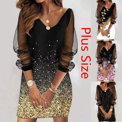 Ladies Plus Size Dress Casual Elegant A-Line Dress Party Dress Metal Belt Butterfly Print Cutout Long Sleeve Lace V Neck Dress