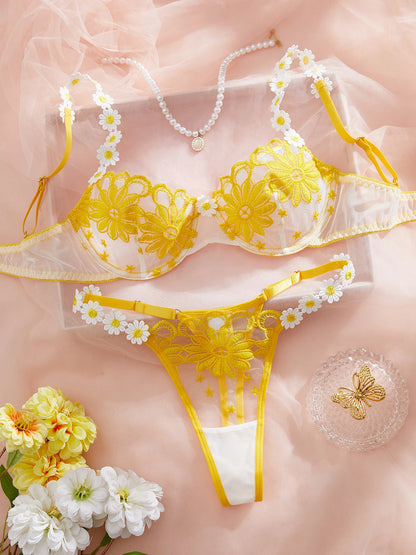 Ladies' youthful and beautiful yellow daisy summer semi transparent embroidered underwear, cute and sweet style, adjustable shou