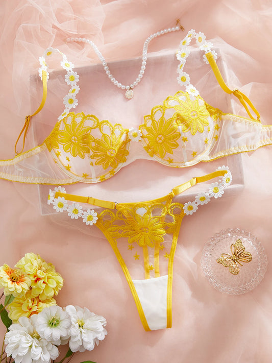 Ladies' youthful and beautiful yellow daisy summer semi transparent embroidered underwear, cute and sweet style, adjustable shou