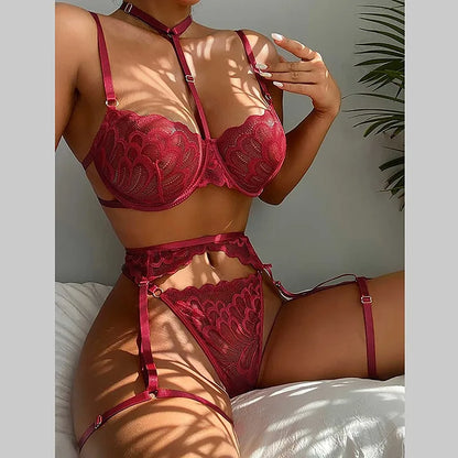 Sexy Lingerie Gather Bra Thin Section Women's Underwear Female Body Suit Crushed Lace Sexy Plus Size Erotic Clothing 3-piece Set