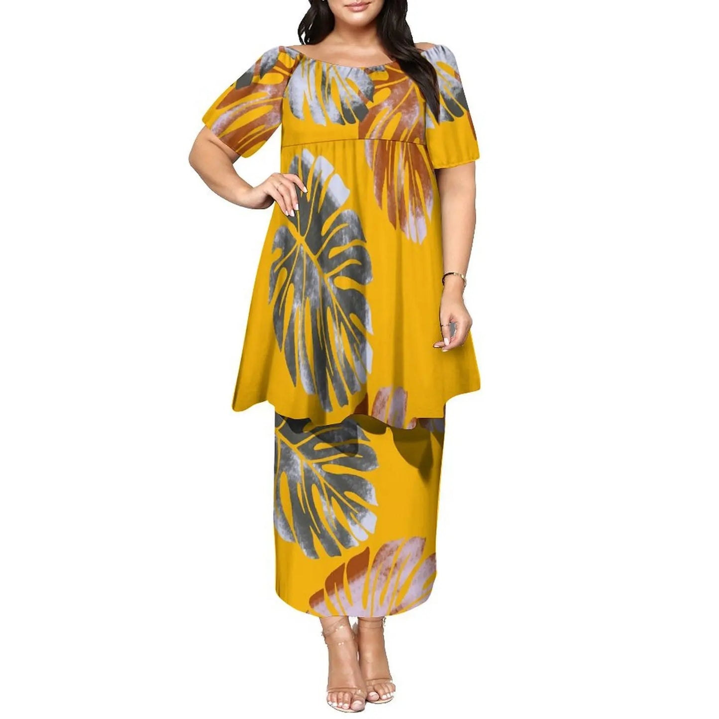 Newly Designed Women'S Round-Neck Top And Fitted Long Dress Polynesian Island-Style Pattern Pacific Puletasi Suit