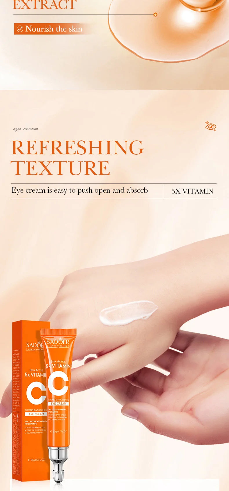 SADOER Vitamin C Eye Cream Anti Dark Circles Eyes Bags Remover Moisturizing Brightening Firming Skin Care Products for Eyes