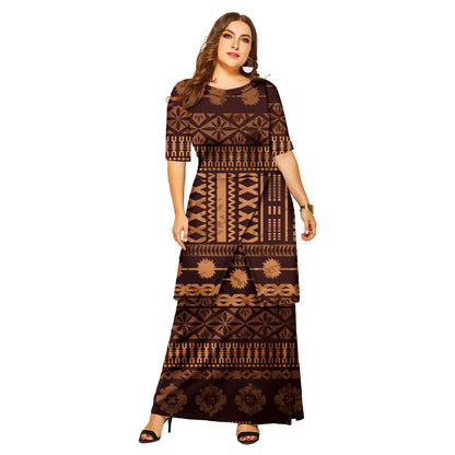 Luxury Polynesian Design Puletasi Samoa Fashion Short Sleeve Dress Women Island Dresses Maxi Ladies Two Piece Skirt Set