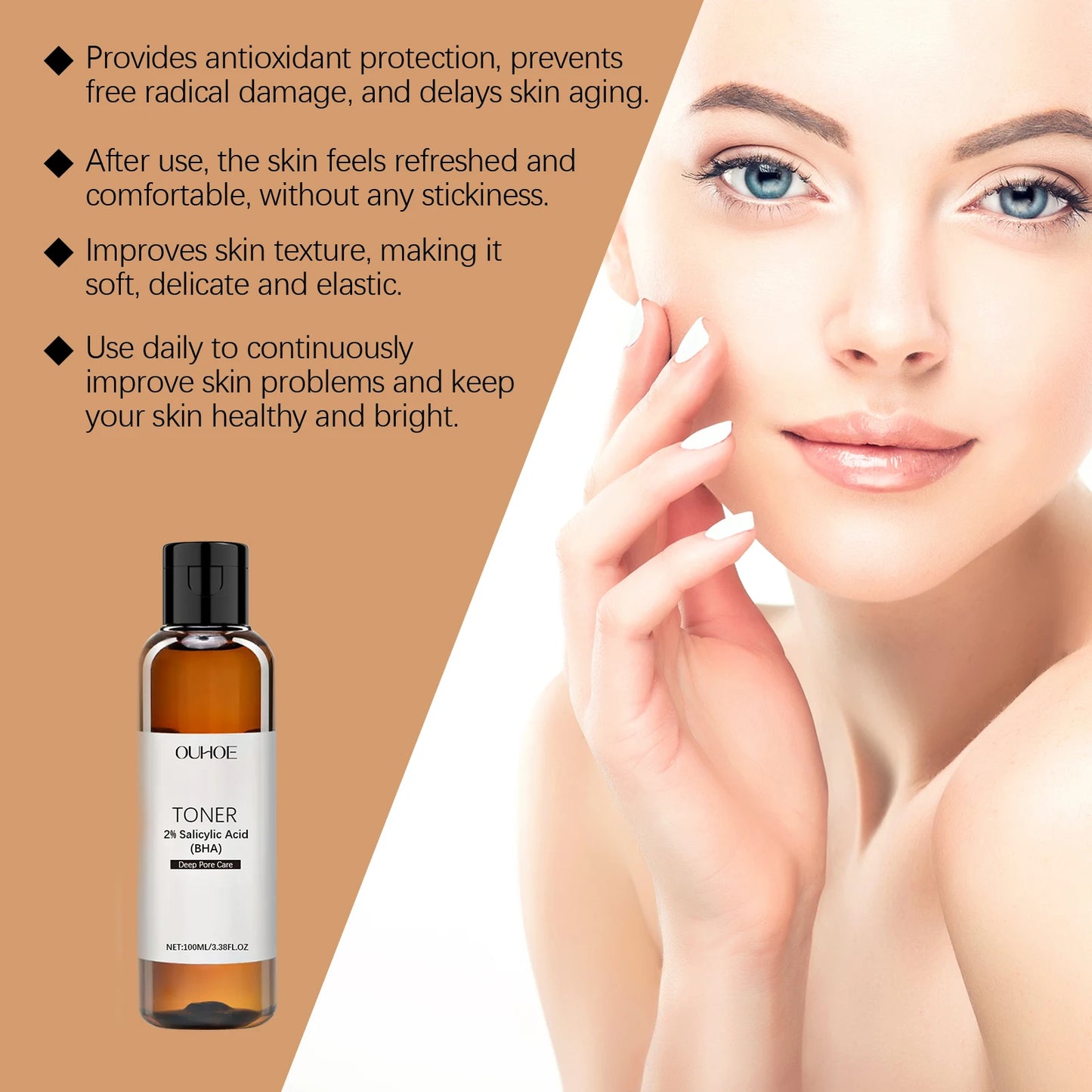 Salicylic Acid Toner for Acne Removing Control Oil Shrink Pores Remove Pimple Exfoliating Moisturizing Brighten Facial Toner