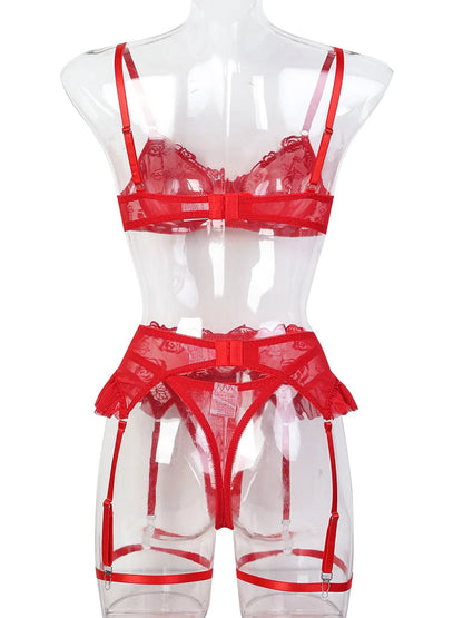 JSY Sexy Lingerie Women Underwear Set Red Embroidery Lace Bra And Pant Garter Set Skirt Babydoll Erotic Brief Set Porno Costume