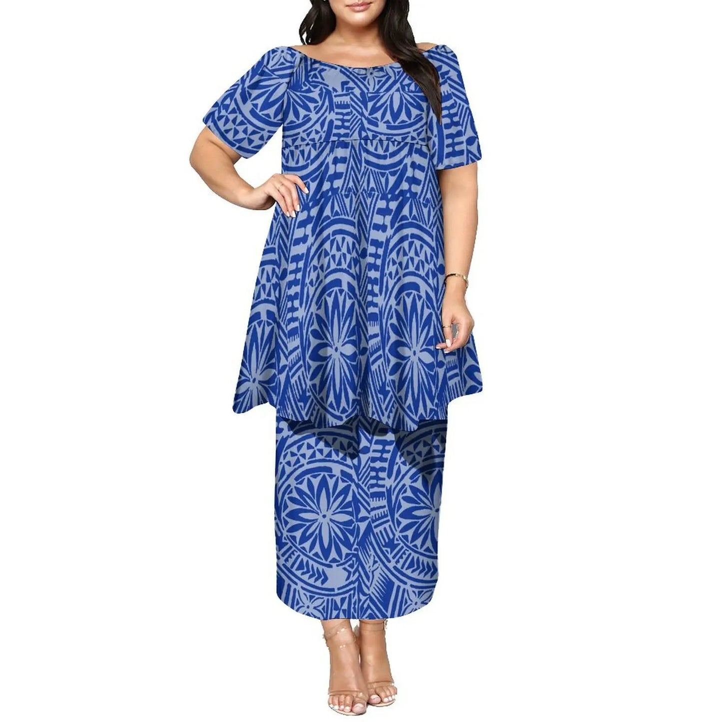 Newly Designed Women'S Round-Neck Top And Fitted Long Dress Polynesian Island-Style Pattern Pacific Puletasi Suit