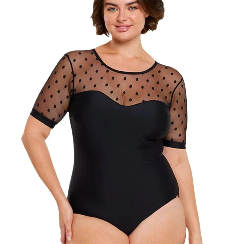 Women's Swimsuit Plus Size One-piece Female Fused Mesh Short Sleeve Beachwear Black Swimwear for Big Breasts Bathing Suit