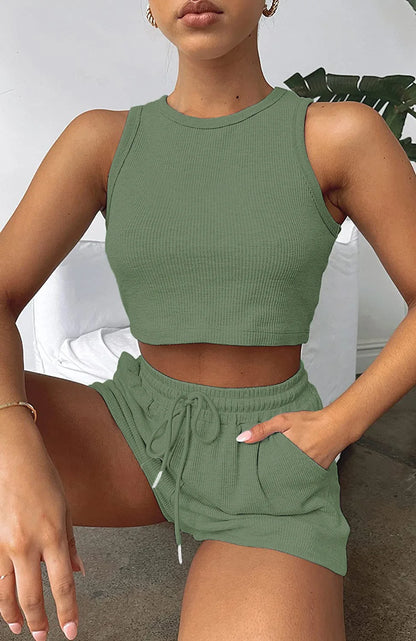 2025 Summer Two Piece Set Women New Fashion Casual Beach Lace Up Elastic Waist Solid Color Sleeveless Vest Crop Tops Short Sets
