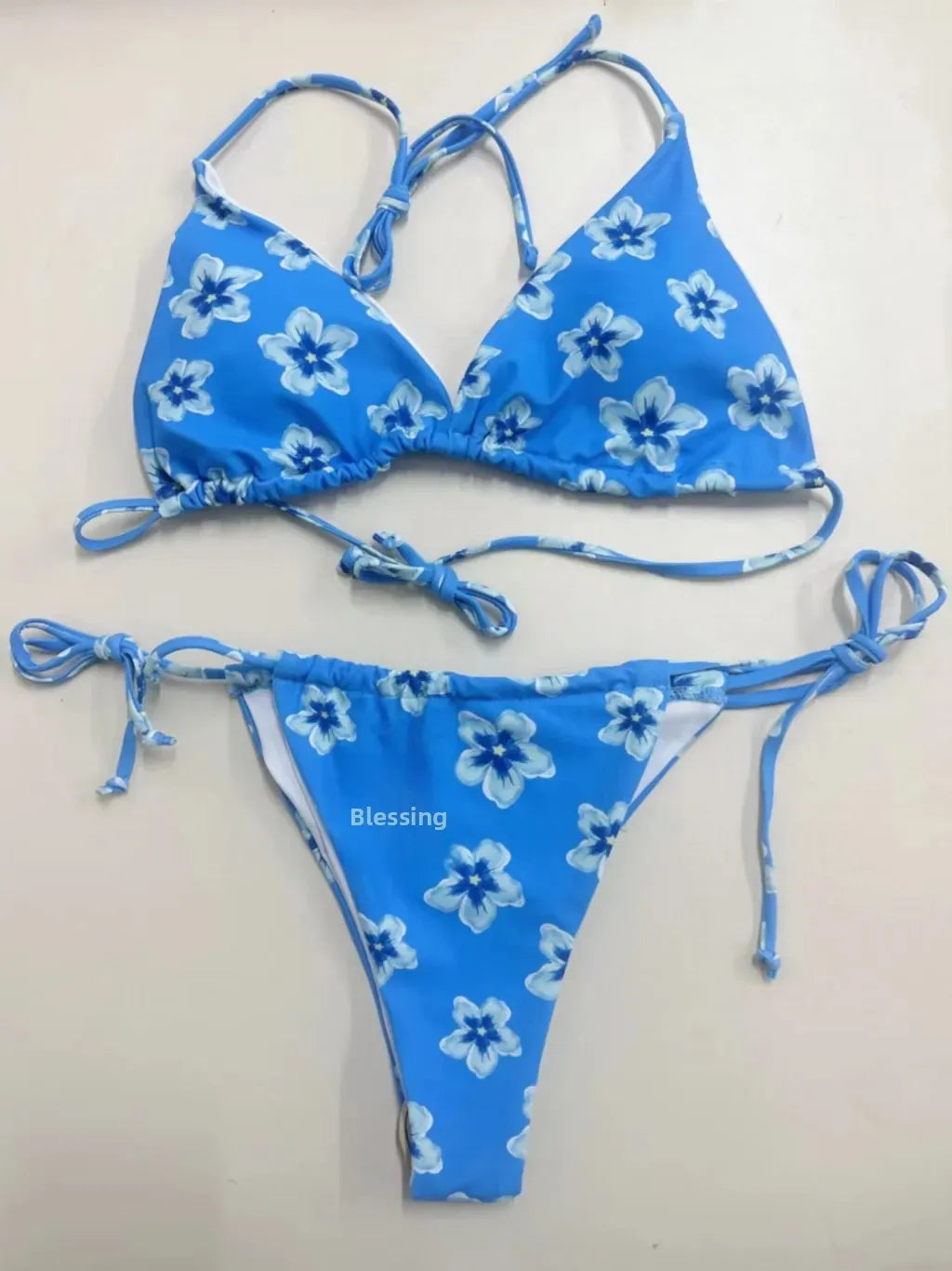 Sexy Floral Print Bikini Set Neck Hanging Strap Triangle Pants Separate Women's Swimsuit Fashionable Chinese Brand AE Stock