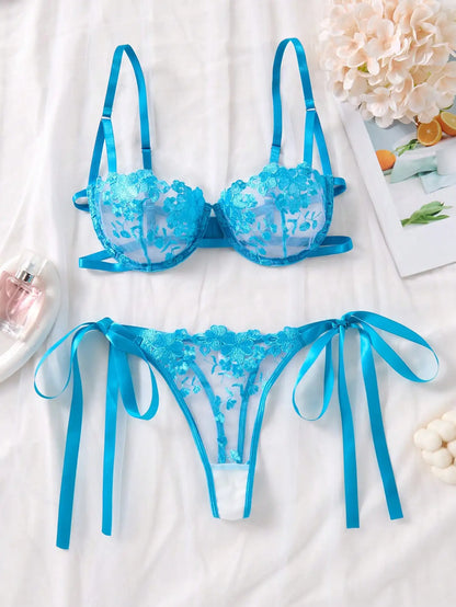 Conjunto de lencería con bordado Floral para mujer, sujetador transparente y ropa interior breve, ropa interior íntima Sexy de s