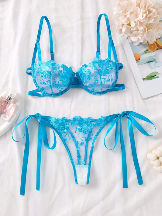 Conjunto de lencería con bordado Floral para mujer, sujetador transparente y ropa interior breve, ropa interior íntima Sexy de s
