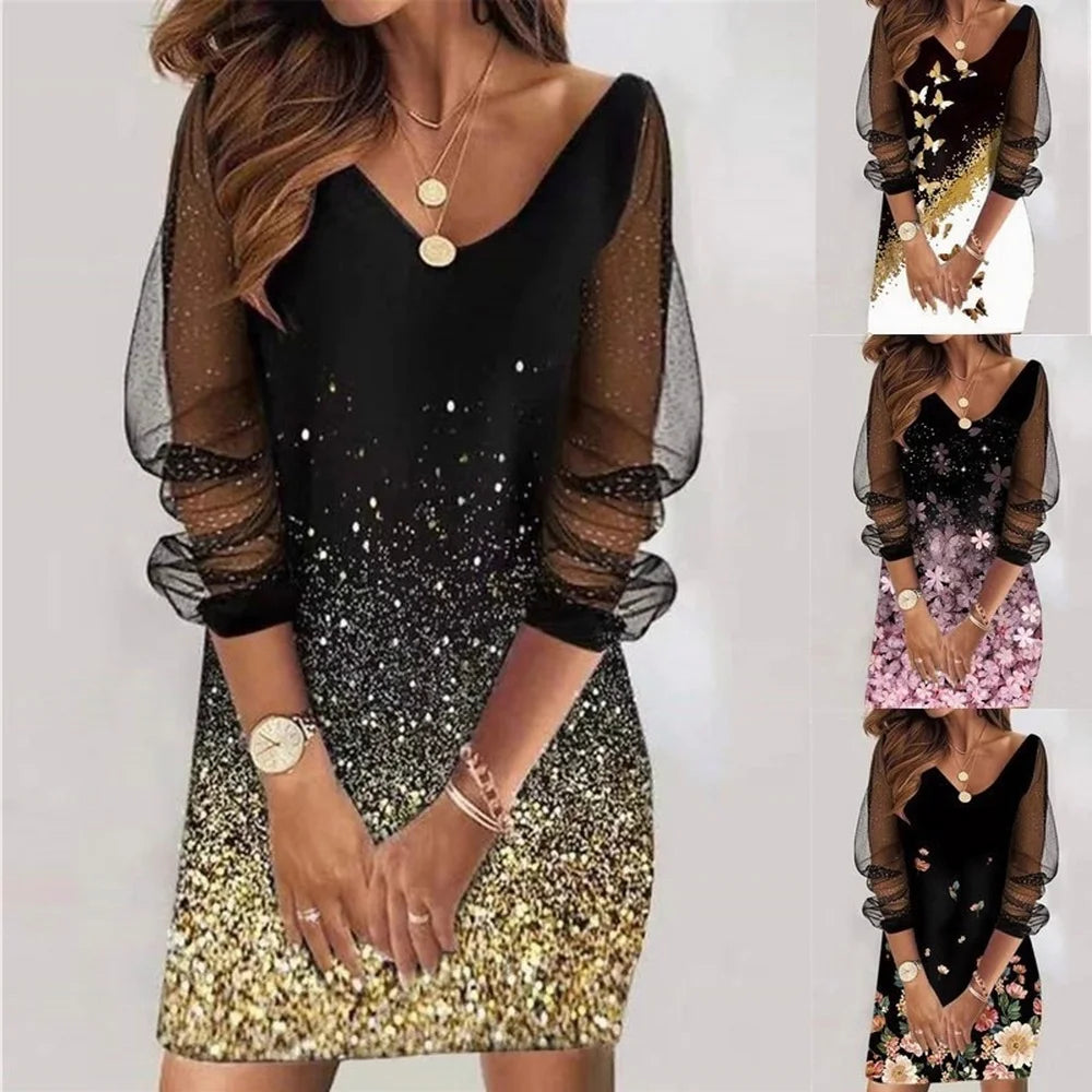 Ladies Plus Size Dress Casual Elegant A-Line Dress Party Dress Metal Belt Butterfly Print Cutout Long Sleeve Lace V Neck Dress