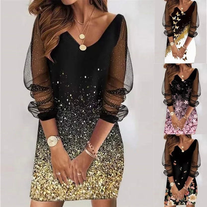 Ladies Plus Size Dress Casual Elegant A-Line Dress Party Dress Metal Belt Butterfly Print Cutout Long Sleeve Lace V Neck Dress
