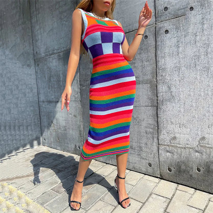 women's clothing  autumn/winter new fashionable contrasting color Christmas sweater long slim fit wrapped buttocks knitted dress