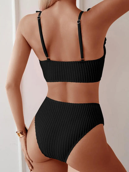 Vintage Ruffles Bikini Set Women Sexy Black V Neck Push Up Ribbed High Waist Swimwear 2025 Beach Bathing Suit Two Piece Swimsuit