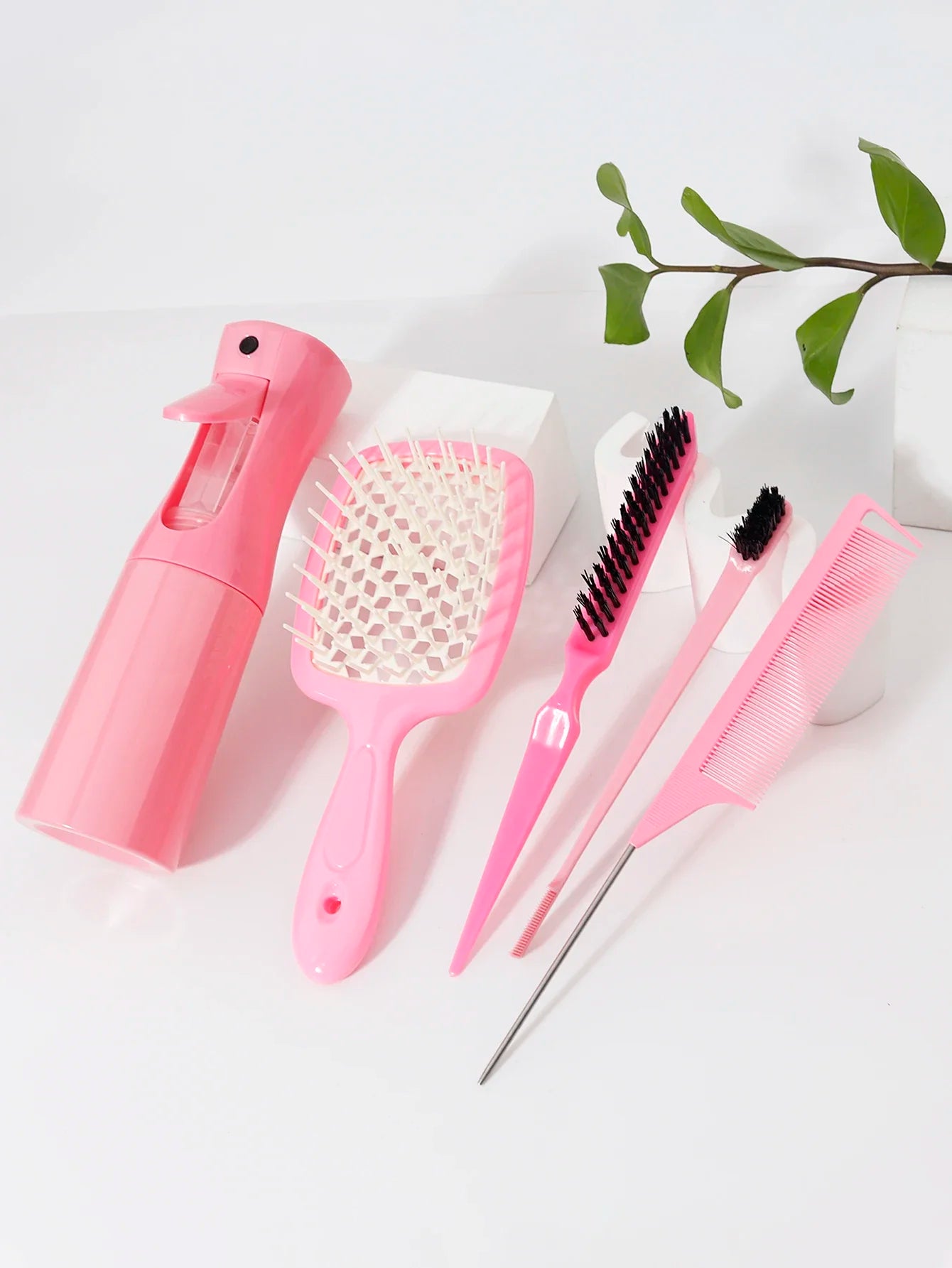 5pcs Hair Tool Set Air Cushion Hollow Comb Scalp Massage Rat Tail Comb Teasing Comb Edge Control Brush Hair Spray Bottle Salon