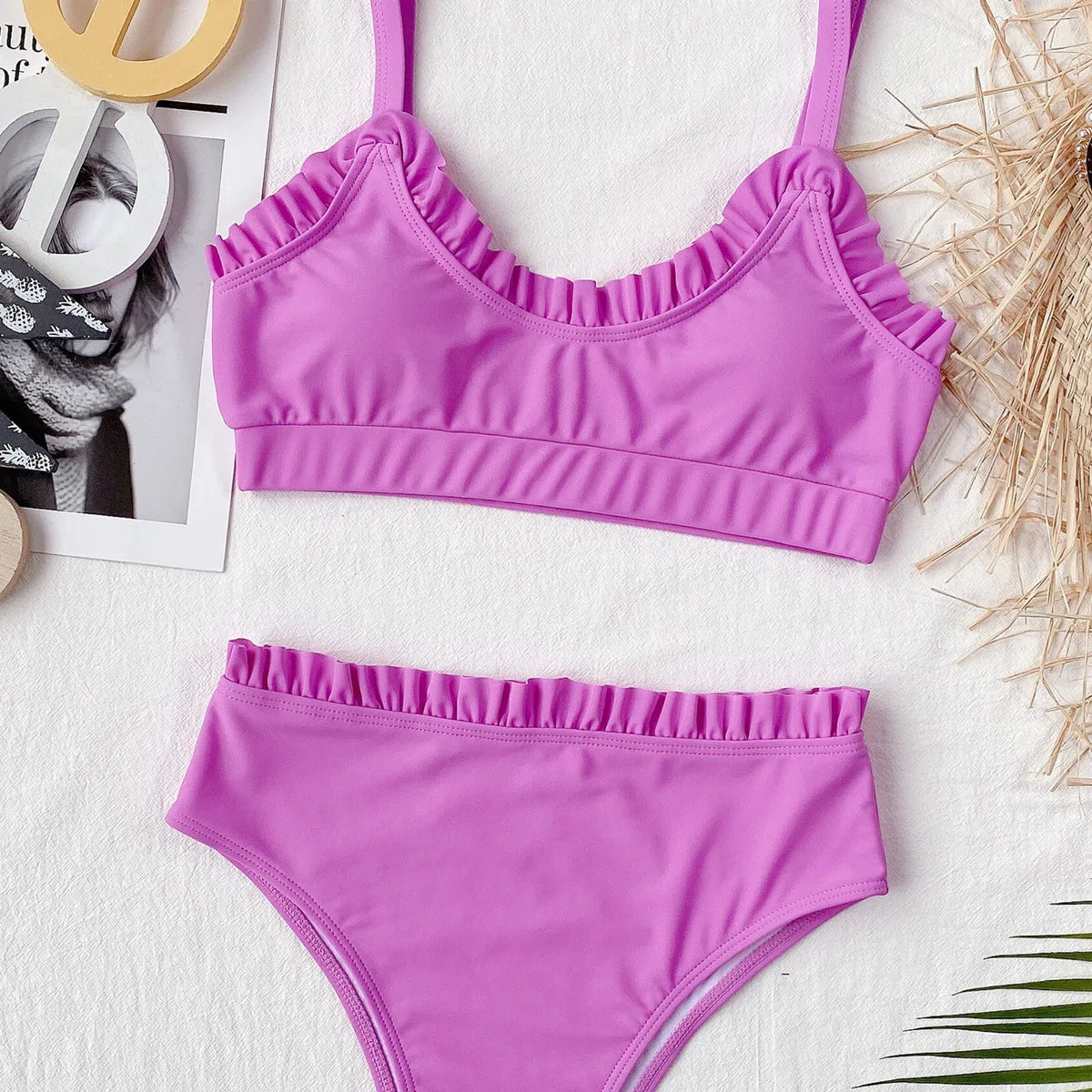 Bikini 2025 Sexy Swimwear Swimsuit Women Solid Ruffled High Waist Bikinis Set Bathing Suit Bikini Taille Haute Biquinis Feminino