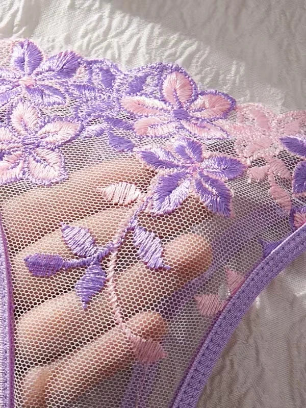 Lady Floral Embroidery Lingerie Set Women Sheer Bra and Brief Underwear Set Satin Sexy Intimates Underwear