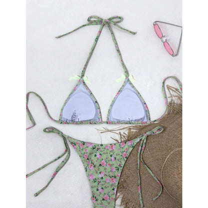 Sexy Triangular Print Bikini Two-Piece Swimsuit with Bow Tie Strap Polyester Fabric Floral Pattern Small Fresh Style for Women