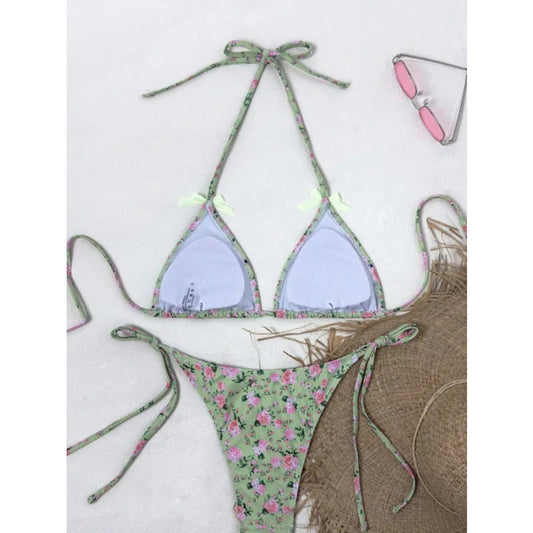 Sexy Triangular Print Bikini Two-Piece Swimsuit with Bow Tie Strap Polyester Fabric Floral Pattern Small Fresh Style for Women