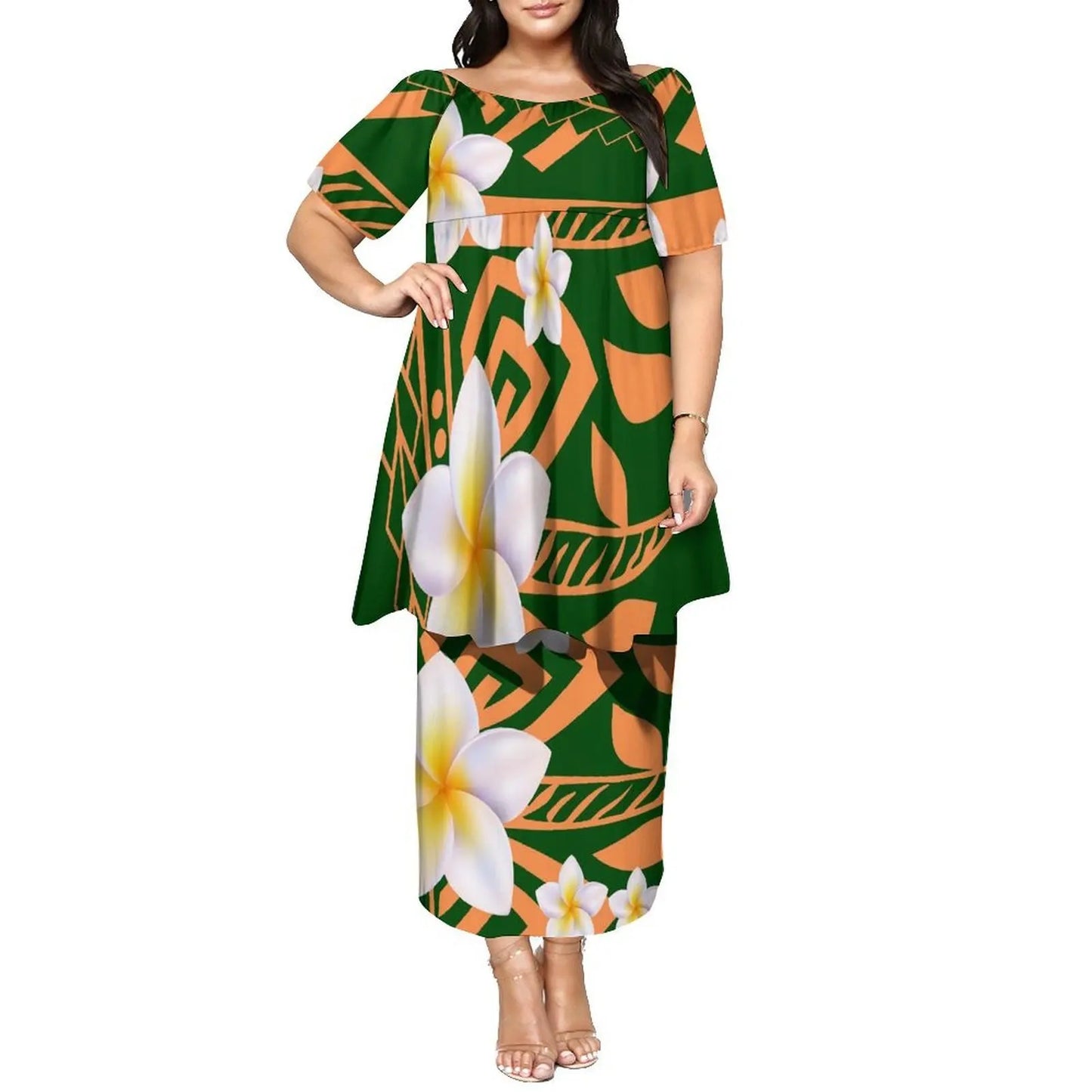 Newly Designed Women'S Round-Neck Top And Fitted Long Dress Polynesian Island-Style Pattern Pacific Puletasi Suit