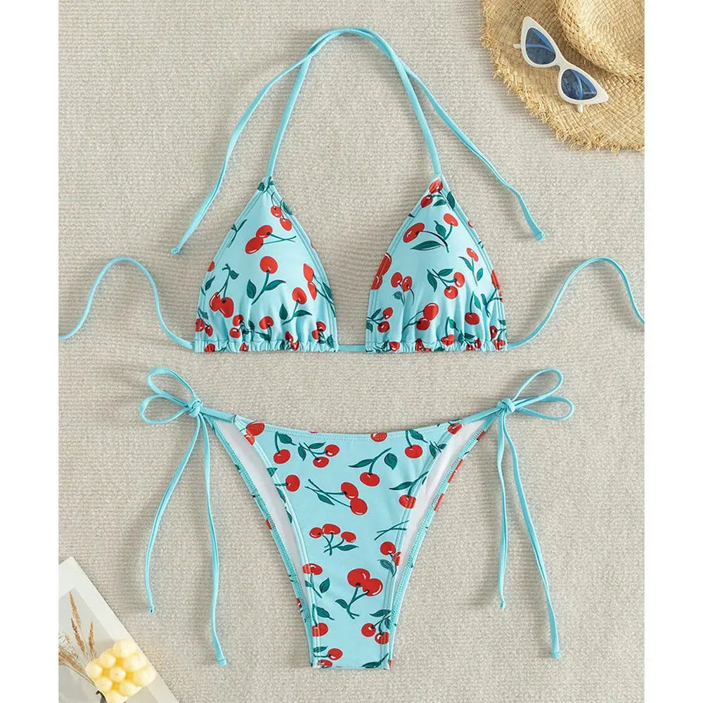 Women's Cherry Print Two Piece Swimsuit Sexy Triangle Bra Mini Bikini Set Suspender Halter Backless Beach Vacation Swimwear 2025