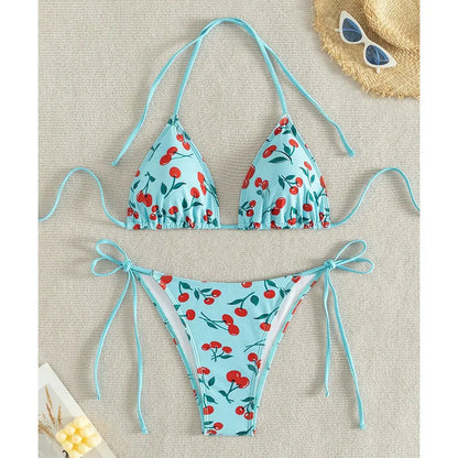 Women's Cherry Print Two Piece Swimsuit Sexy Triangle Bra Mini Bikini Set Suspender Halter Backless Beach Vacation Swimwear 2025