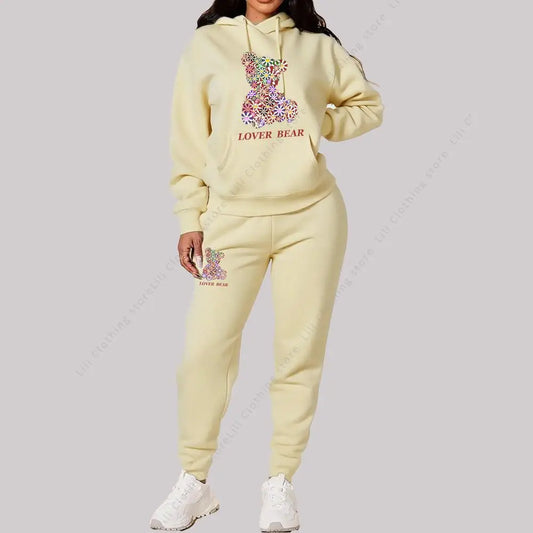 Women's Sets Hoodies Pants Outfits Suit 2025 New Sportswear Sweatsuit Bear Graphic Letter Print Aesthetic Trend Ladies Tracksuit