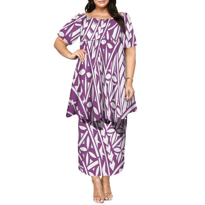 Newly Designed Women'S Round-Neck Top And Fitted Long Dress Polynesian Island-Style Pattern Pacific Puletasi Suit