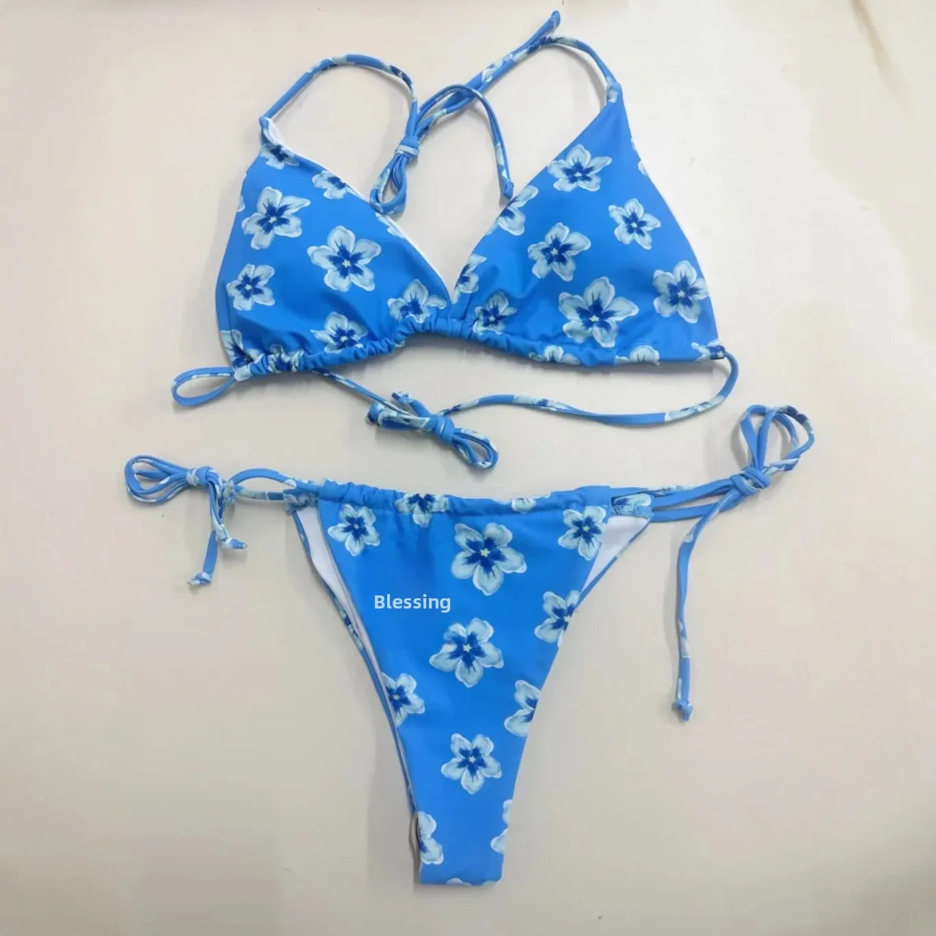 Sexy Floral Print Bikini Set Neck Hanging Strap Triangle Pants Separate Women's Swimsuit Fashionable Chinese Brand AE Stock