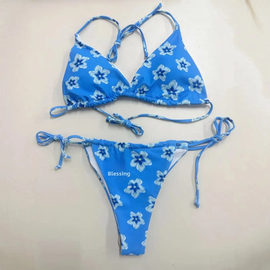 Sexy Floral Print Bikini Set Neck Hanging Strap Triangle Pants Separate Women's Swimsuit Fashionable Chinese Brand AE Stock