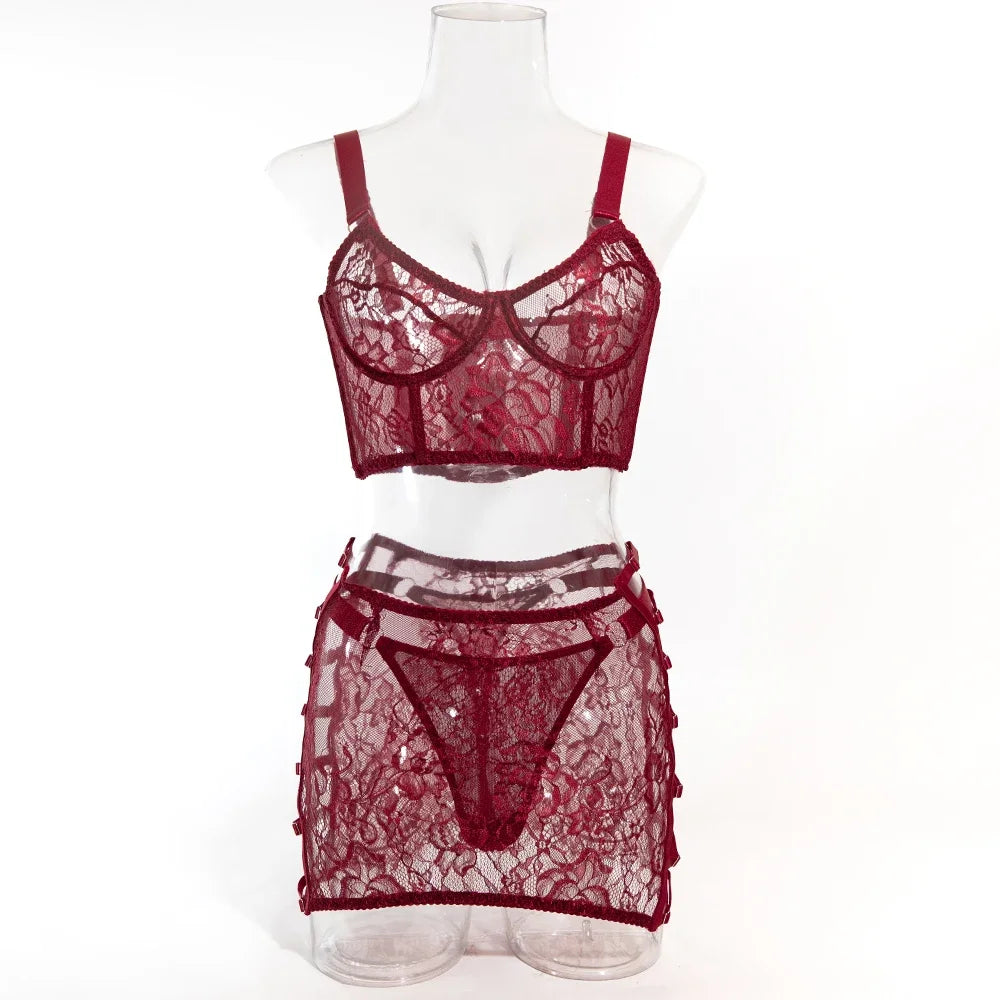 Women's Lingerie Lace Should be Tied with Cutout with Underwire Fishbone Three-piece Underwear Set The cut is slim and elegant