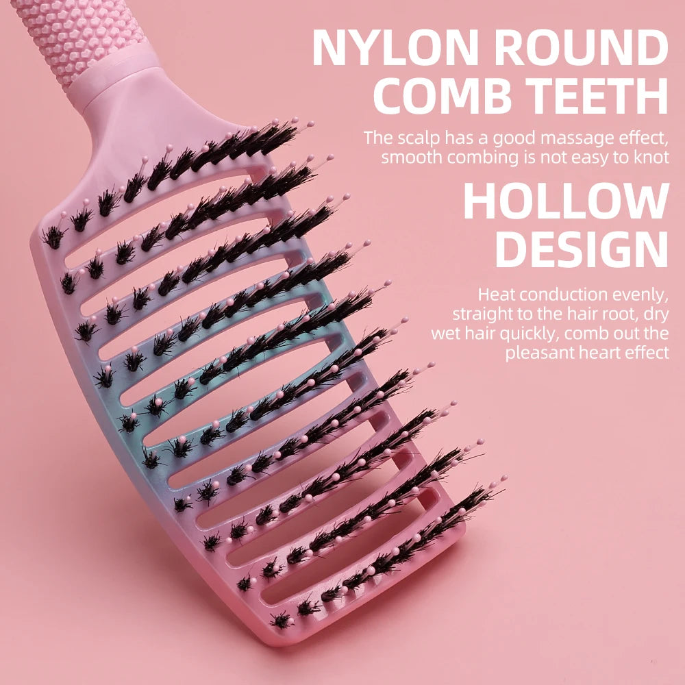 Barber Hair Brush Scalp Massage Comb Women Nylon Pig Sideburns Wet Curly Hair Brush Hairy Big Bend CombStyling Tools ﻿ ﻿