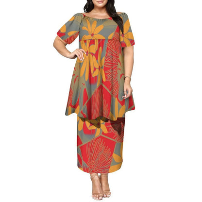 Newly Designed Women'S Round-Neck Top And Fitted Long Dress Polynesian Island-Style Pattern Pacific Puletasi Suit