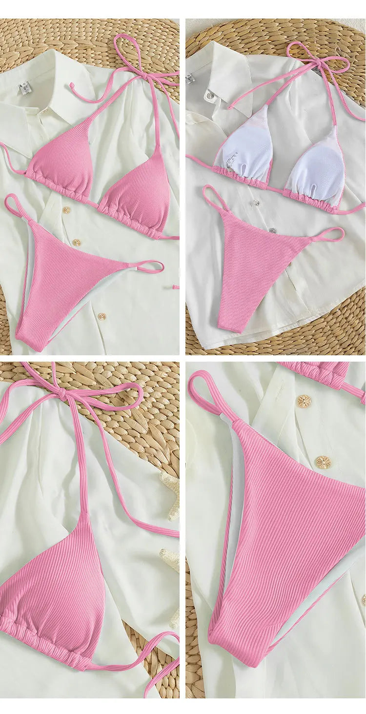 Sexy Women Thong Solid Color Bikini Set Side Halter Tie Swimsuit Ladies Split Strap Adjustable Brazilian Swimwear Beachwear