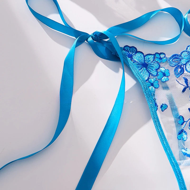 Lady Floral Embroidery Lingerie Set Women Sheer Bra and Brief Underwear Set Satin Sexy Intimates Underwear