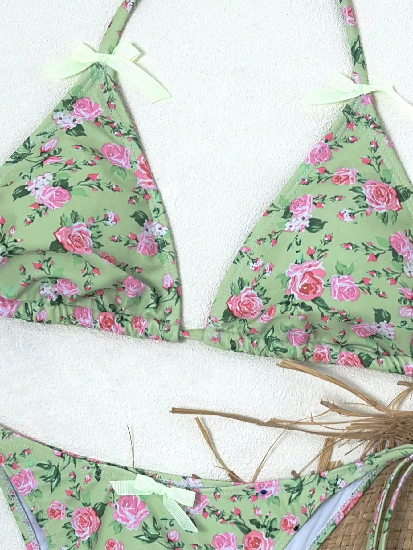 Sexy Triangular Print Bikini Two-Piece Swimsuit with Bow Tie Strap Polyester Fabric Floral Pattern Small Fresh Style for Women