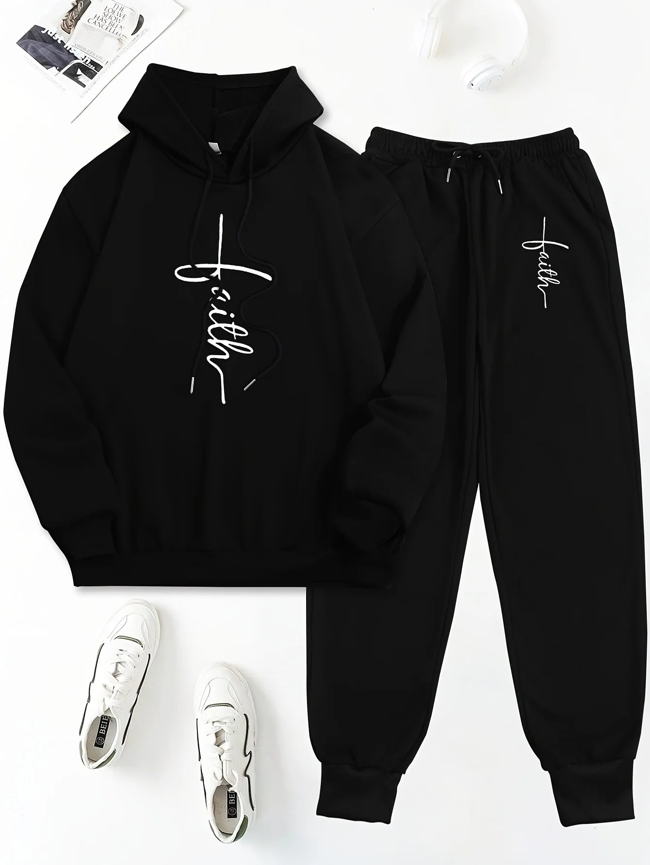 Women's Autumn/Winter Hoodie+Sports Pants Set Hip Hop Street Casual Faith Cross Printed Fashion Velvet Warm Clothing
