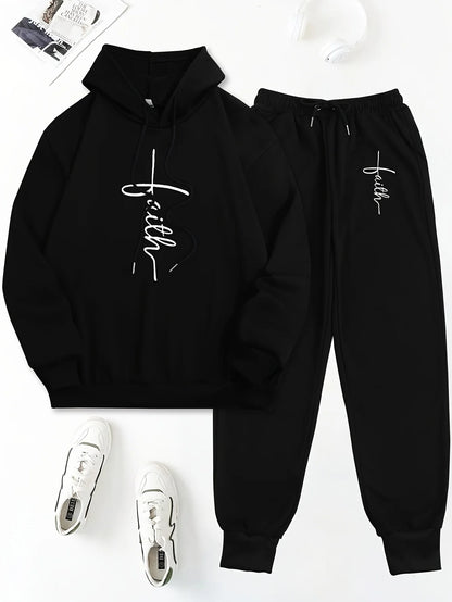 Women's Autumn/Winter Hoodie+Sports Pants Set Hip Hop Street Casual Faith Cross Printed Fashion Velvet Warm Clothing