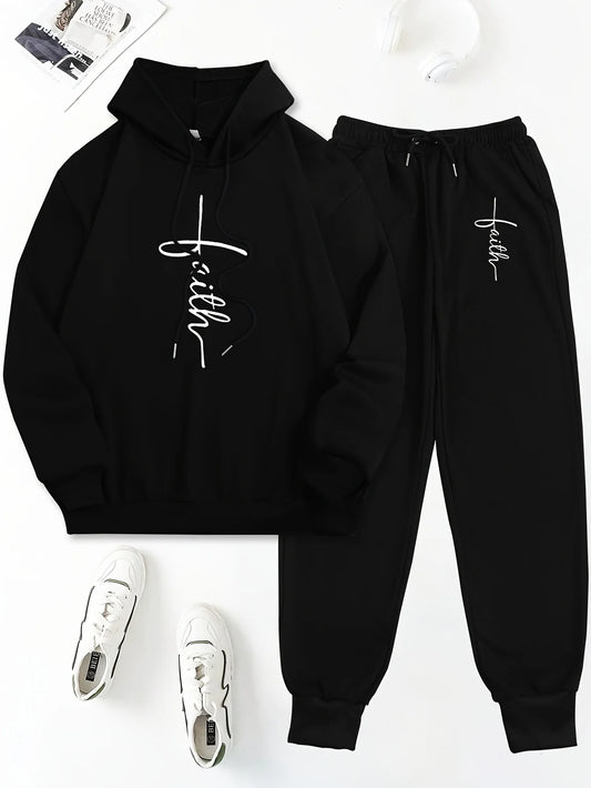 Women's Autumn/Winter Hoodie+Sports Pants Set Hip Hop Street Casual Faith Cross Printed Fashion Velvet Warm Clothing