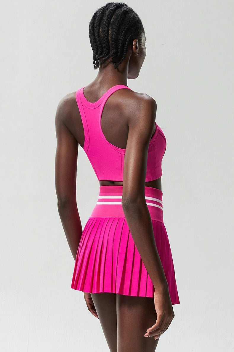 Women Short Sportswear Two Pieces Fitness Yoga Set High Waist Tennis Skirt Crop Top Gym Suit Female Breathable Sportswear