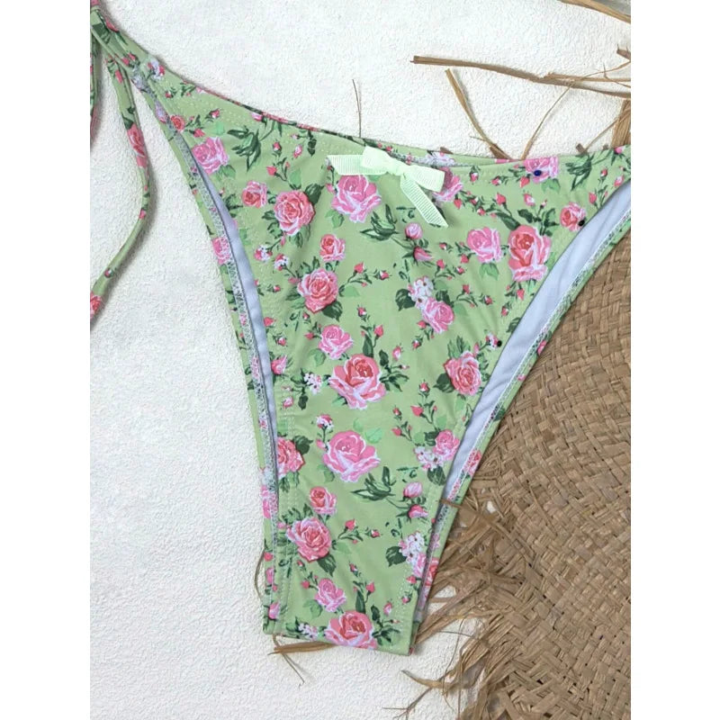 Sexy Triangular Print Bikini Two-Piece Swimsuit with Bow Tie Strap Polyester Fabric Floral Pattern Small Fresh Style for Women