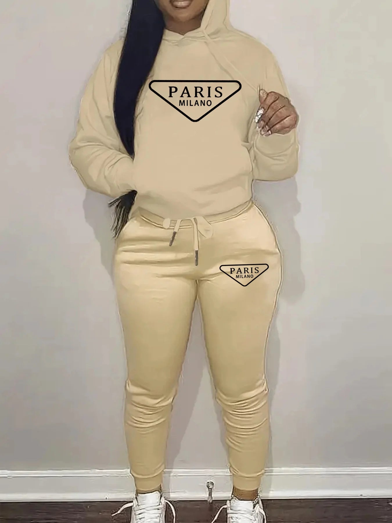 Women's autumn and winter fashion casual hip-hop street Paris MILANO pattern printed warm hooded sweatshirt+sports pants set