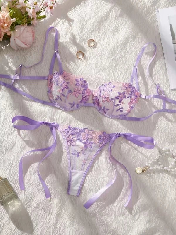 Lady Floral Embroidery Lingerie Set Women Sheer Bra and Brief Underwear Set Satin Sexy Intimates Underwear